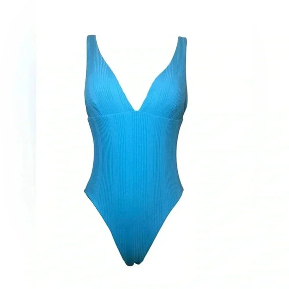 L*Space Katness One Piece Swimsuit XS Blue Ribbed NWT Plunge Backless - Picture 3 of 5